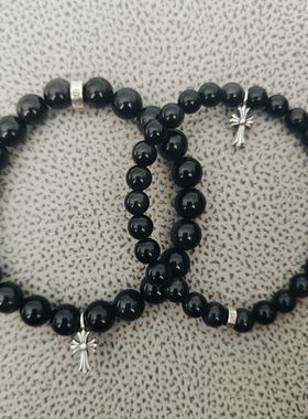 s925纯银天然水晶黑曜石克罗实心手链十字架转运转运男女手串