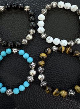 经典罗心10MM黑曜石八银珠手串实心银珠复古潮流925纯银欧美手链