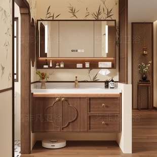 新款宋式美学浴室柜组合卫生间实木陶瓷一体盆洗漱台洗手洗脸盆柜
