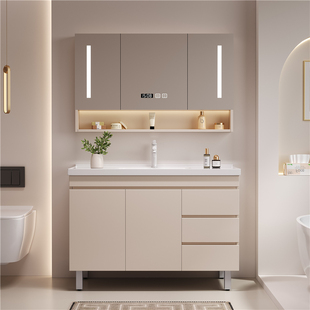 新款奶油风简约浴室柜组合陶瓷一体盆卫生间洗手脸盆柜洗漱台落地