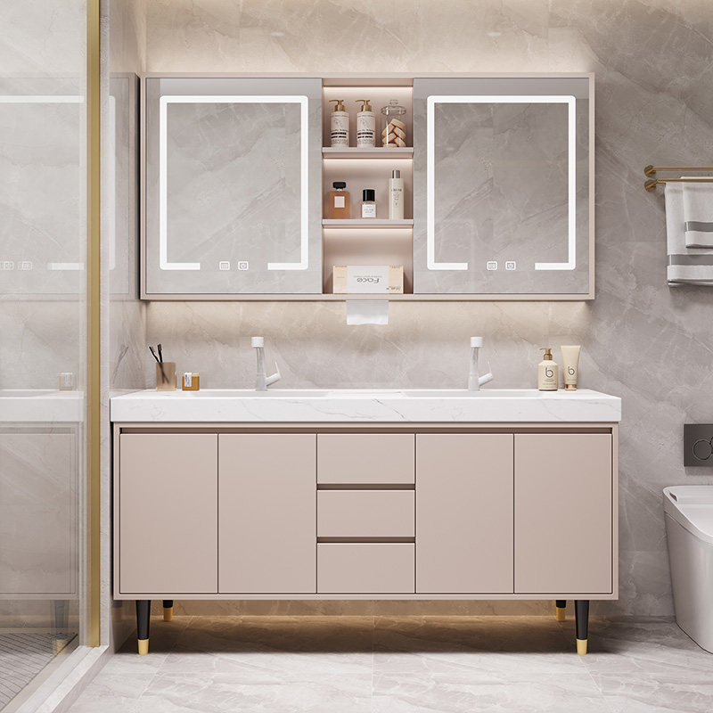 简约智能岩板陶瓷无缝盆浴室柜组合大户型双盆卫生间洗漱台洗脸盆