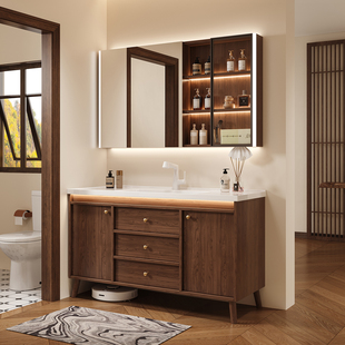 中古风胡桃木陶瓷一体盆落地式浴室柜组合卫生间洗手盆洗脸洗漱台