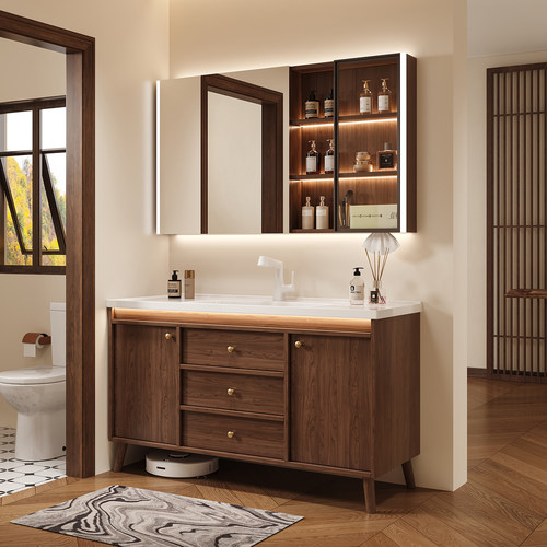 胡桃木陶瓷一体盆落地洗脸洗漱台