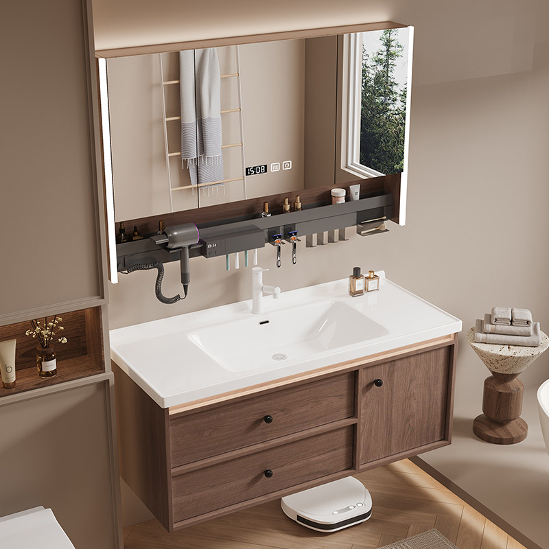 胡桃木中古风浴室柜陶瓷一体盆卫生间洗手洗脸盆柜组合洗漱台盆柜