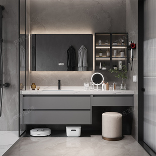 轻奢简约实木浴室柜组合定制大户型卫生间梳妆台盆柜化妆智能镜柜