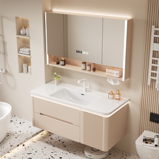 法式奶油风智能圆角浴室柜陶瓷一体盆卫生间洗漱台洗脸洗手盆组合