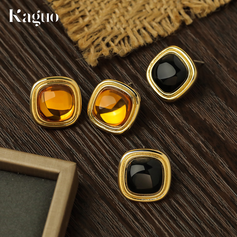 小众复古黑色方形耳钉耳环女轻奢高级感几何耳坠网红琥珀色耳饰品