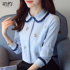 2021春秋新款长袖娃娃领雪纺衫上衣百搭打底衫超仙气质小衫衬衫女
