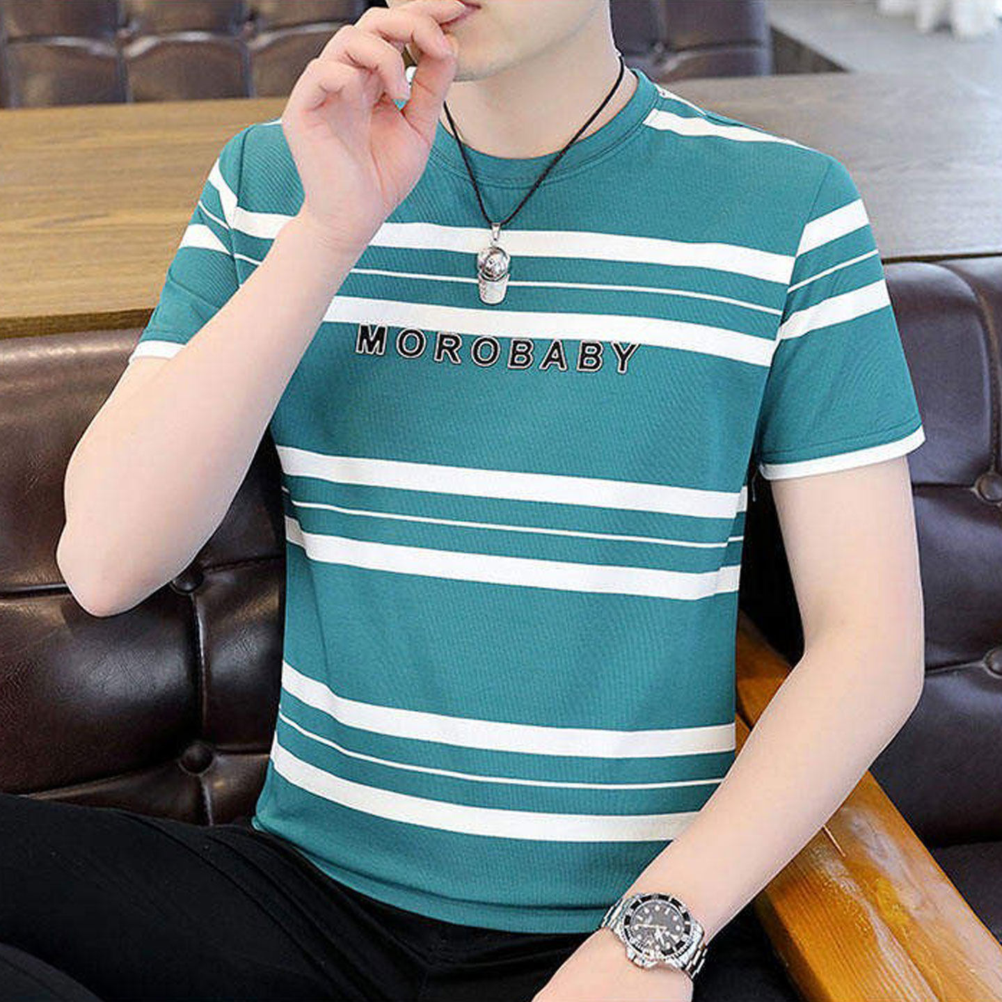 短袖t恤男士夏季新款纯棉圆领条纹半截袖ins潮牌刺绣薄款体恤男装
