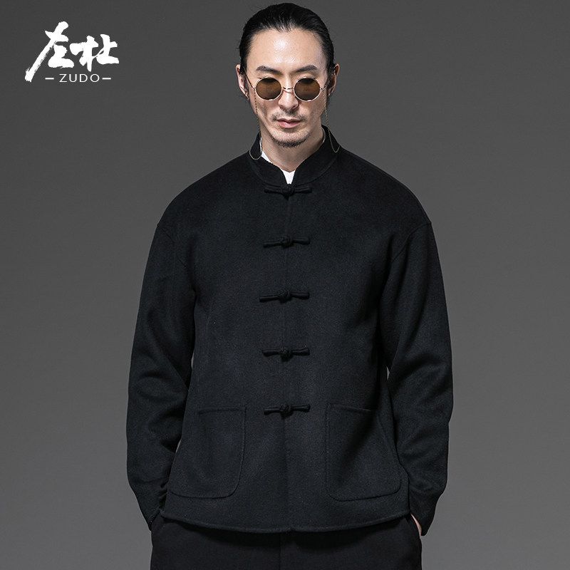 左杜唐装男中老年复古春款短款双面呢羊毛呢子外套中国风毛呢大衣