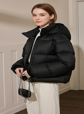 宽松短款黑色羽绒服女冬季新款高级感加厚白鸭绒面包服棉外套耐脏