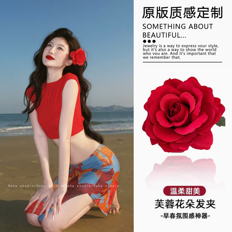 红色玫瑰花发夹女2025年新款山茶花发卡头花大号花朵侧边夹子头饰