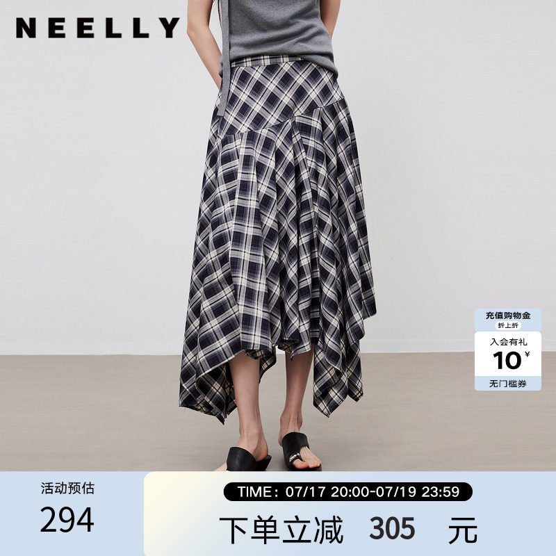 NEELLY纳俪商场同款夏新款不规则格纹半身裙女复古百搭大摆中长裙