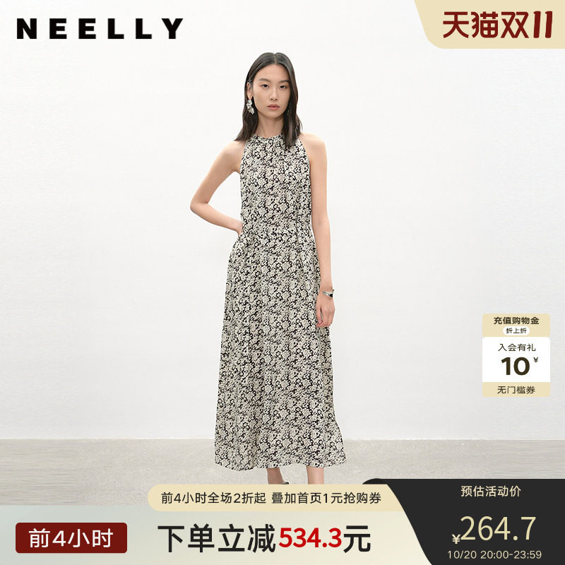 NEELLY纳俪商场同款夏季新款黑白碎花挂脖连衣裙女复古休闲中长裙