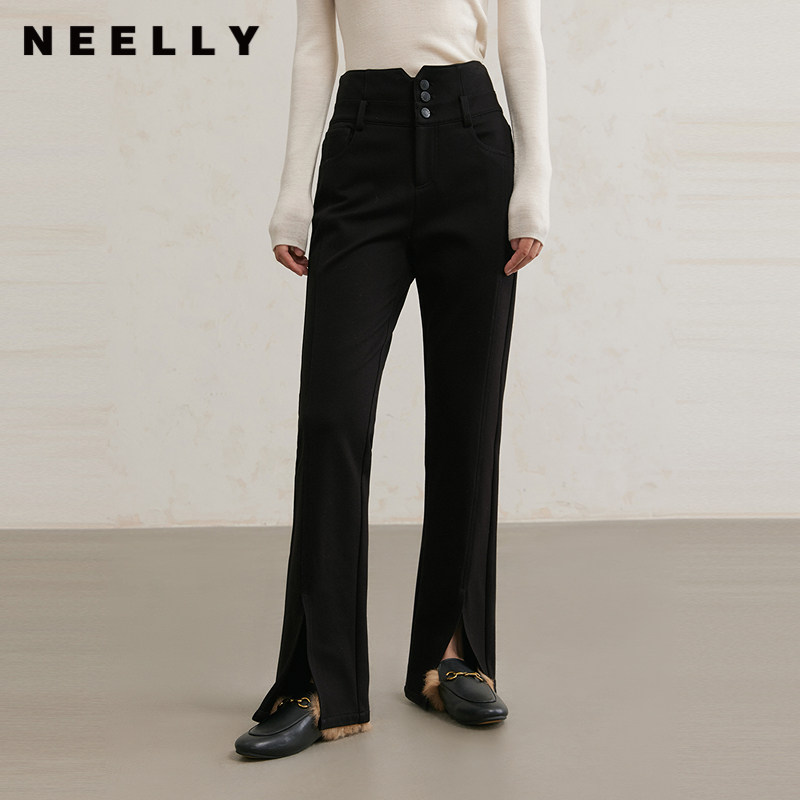 NEELLY纳俪商场同款冬季新款高腰修身显瘦开叉长裤女百搭喇叭裤