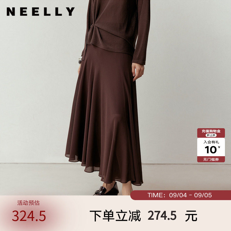 NEELLY纳俪商场同款春季新款优雅飘逸雪纺半身裙女慵懒百搭长裙