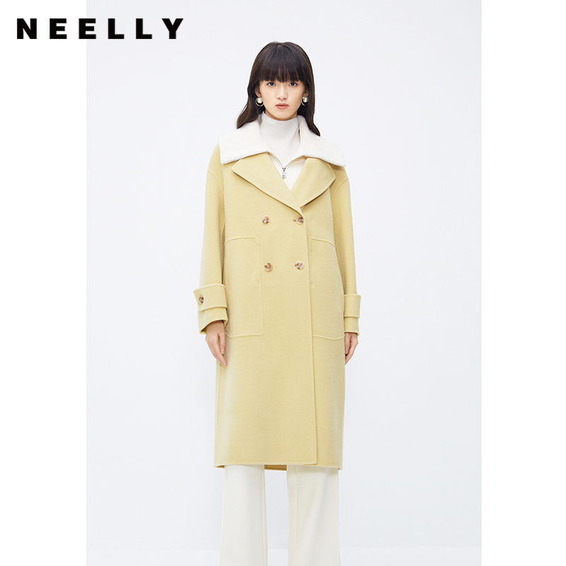 NEELLY纳俪商场同款100%绵羊毛针织翻领双面呢大衣女冬双排扣外套