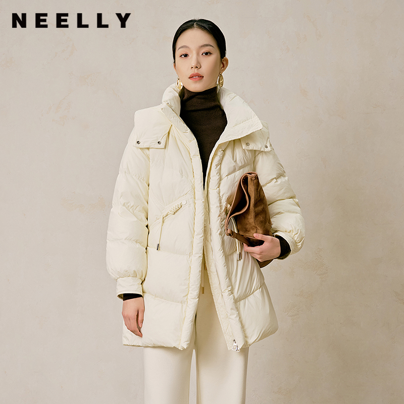 NEELLY纳俪商场同款冬季新款设计感直筒羽绒服女连帽加厚保暖外套