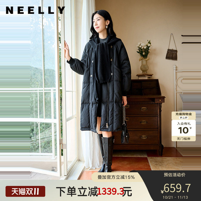 NEELLY纳俪商场同款冬季新款通勤简约毛领长款羽绒服女保暖外套
