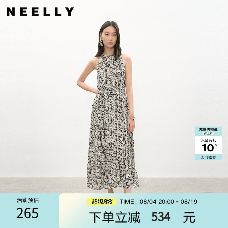 NEELLY纳俪商场同款夏季新款黑白碎花挂脖连衣裙女复古休闲中长裙