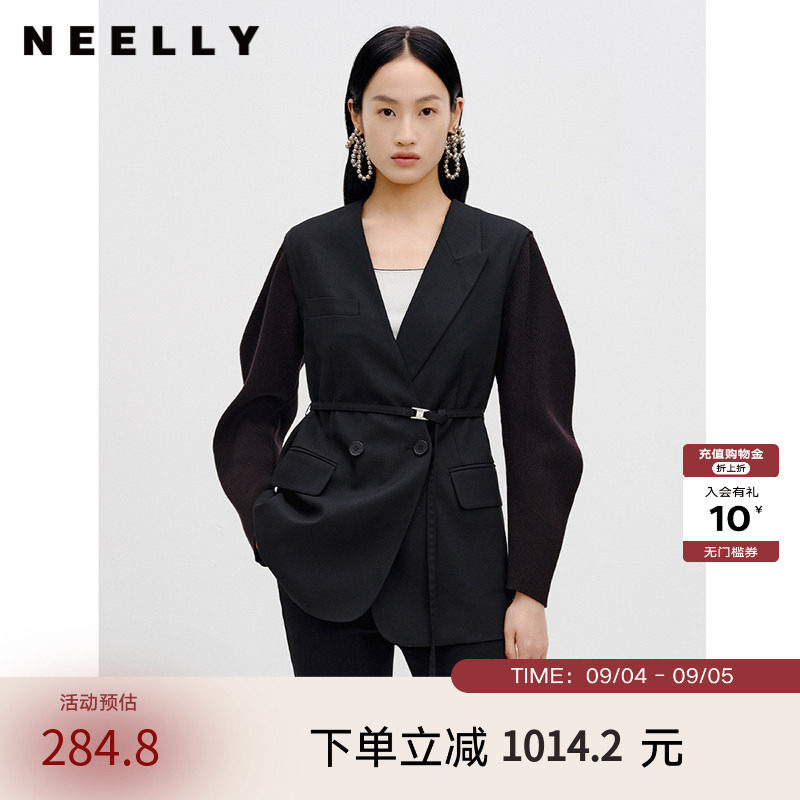 NEELLY纳俪商场同款黑色西装外套春秋新款双排扣系带高级气质感女