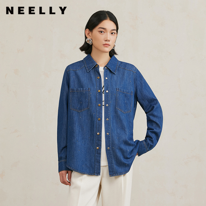 NEELLY纳俪商场同款冬季新款复古廓形衬衣女百搭显瘦牛仔衬衫上衣