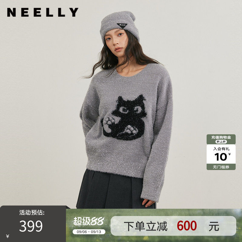 NEELLY纳俪商场同款冬新款减龄小猫撞色针织衫女软糯舒适套头毛衣