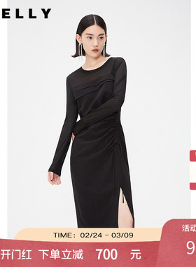 NEELLY纳俪商场同款春秋款黑色抽褶显瘦连衣裙女修身开叉长袖长裙