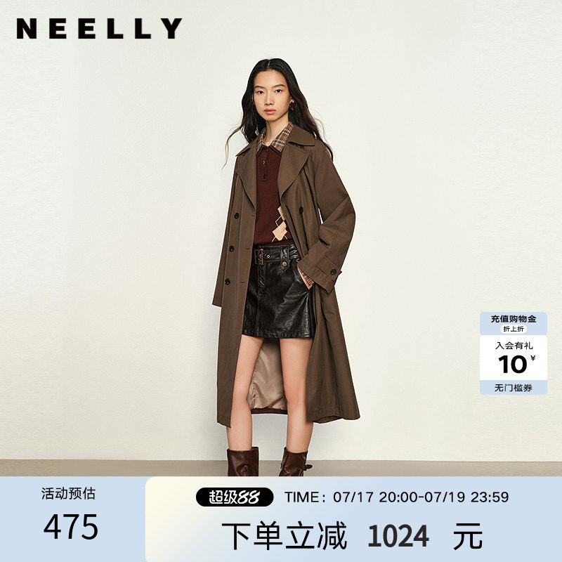NEELLY纳俪商场同款夏新款休闲双排扣风衣女长款收腰通勤百搭外套