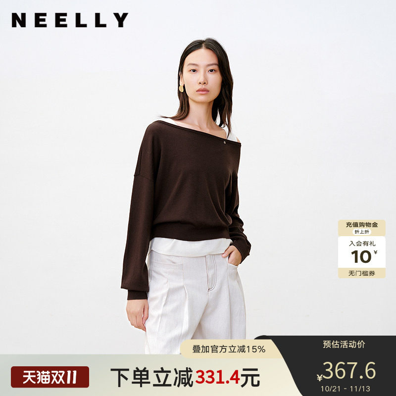 NEELLY纳俪商场同款秋季新款法式休闲一字领针织衫女休闲舒适上衣