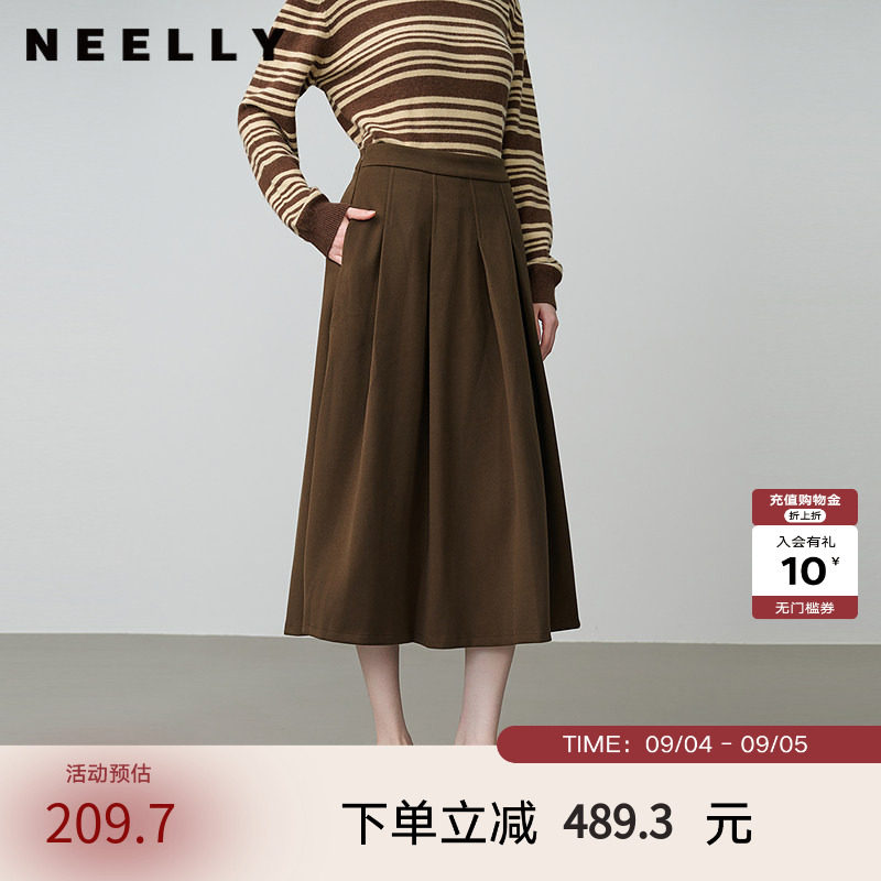 NEELLY纳俪春新款商场同款复古百搭A字半身裙女显白收腰百褶长裙