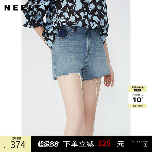 NEELLY纳俪商场同款夏季新款高腰复古显瘦牛仔短裤女百搭磨破短裤