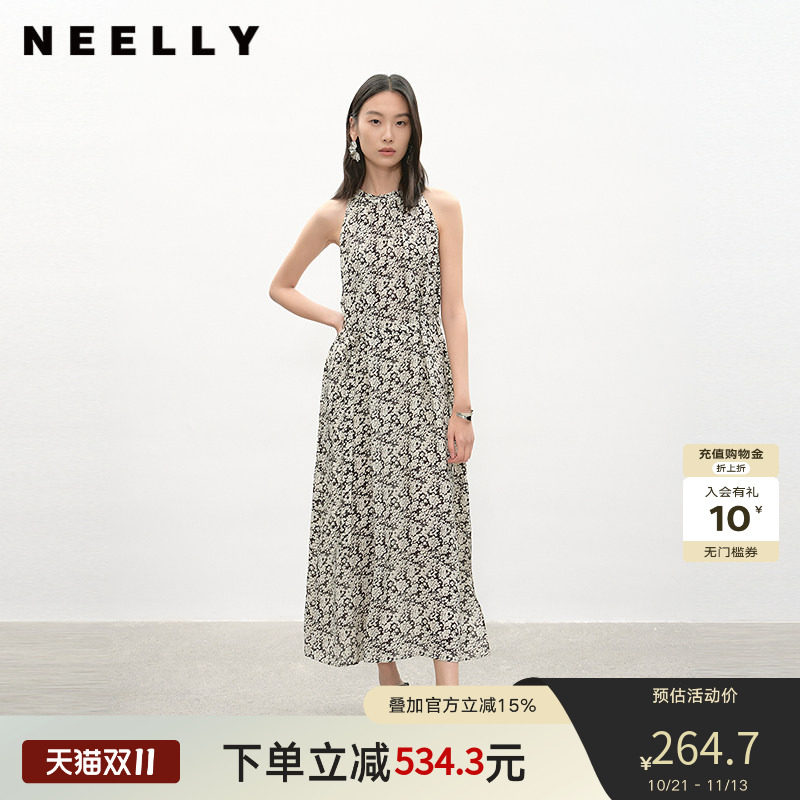 NEELLY纳俪商场同款夏季新款黑白碎花挂脖连衣裙女复古休闲中长裙