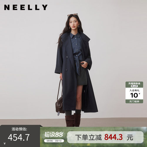 NEELLY纳俪商场同款秋季新款气质通勤双排扣长风衣女休闲百搭外套