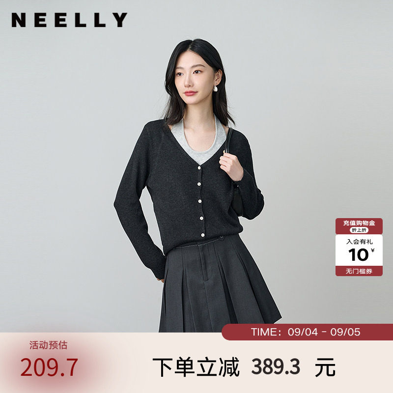 NEELLY纳俪商场同款春新款设计感假两件挂脖针织衫女休闲百搭上衣