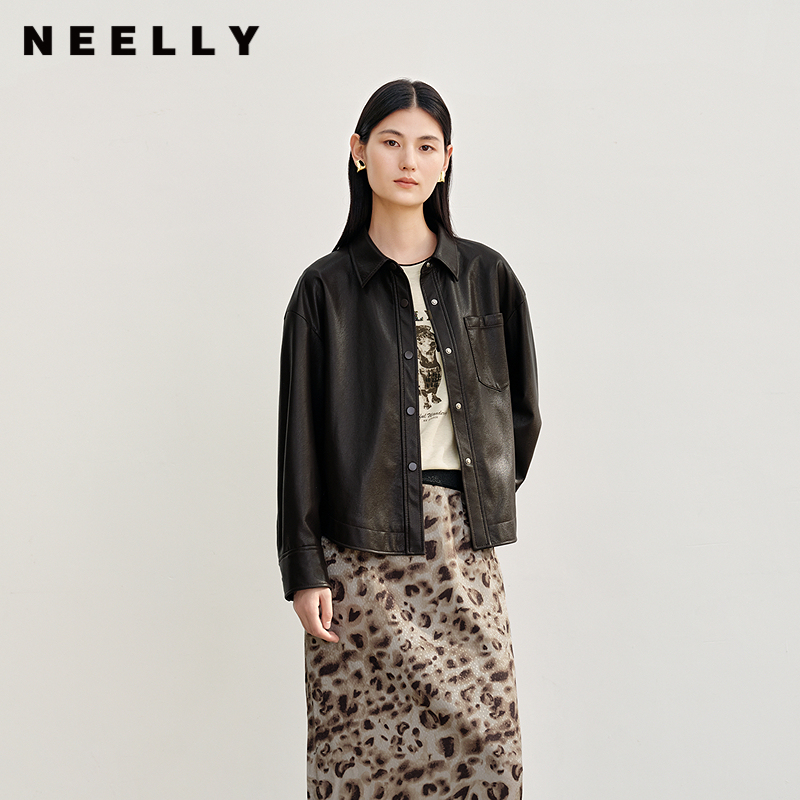 NEELLY纳俪商场同款秋冬新款时尚宽松皮衣外套女百搭质感上衣