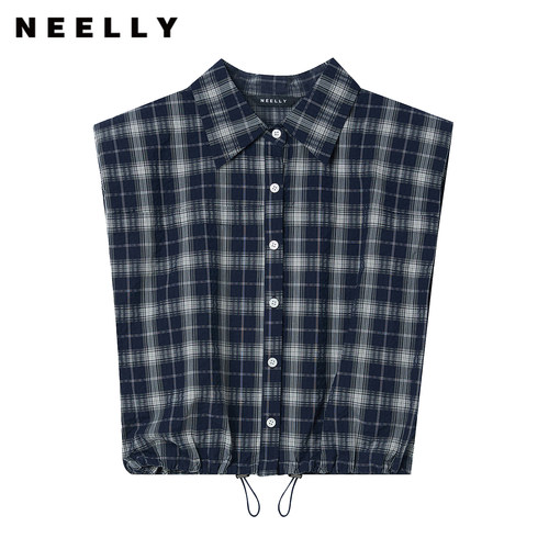 NEELLY纳俪商场同款夏新款复古格纹无袖衬衫女设计感翻领抽绳上衣