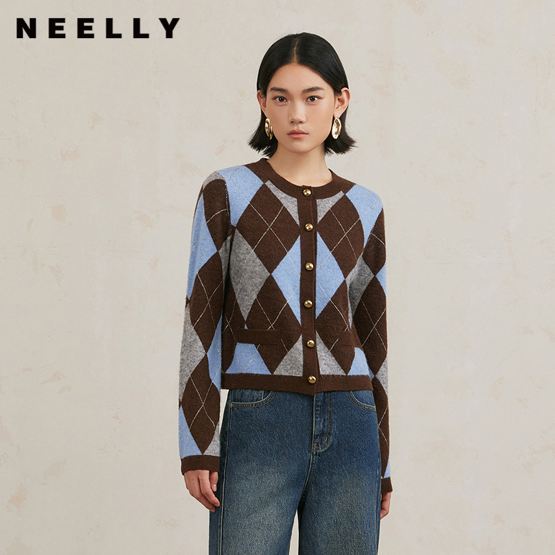 NEELLY纳俪商场同款冬季新款复古菱格圆领针织开衫女羊毛混纺毛衣