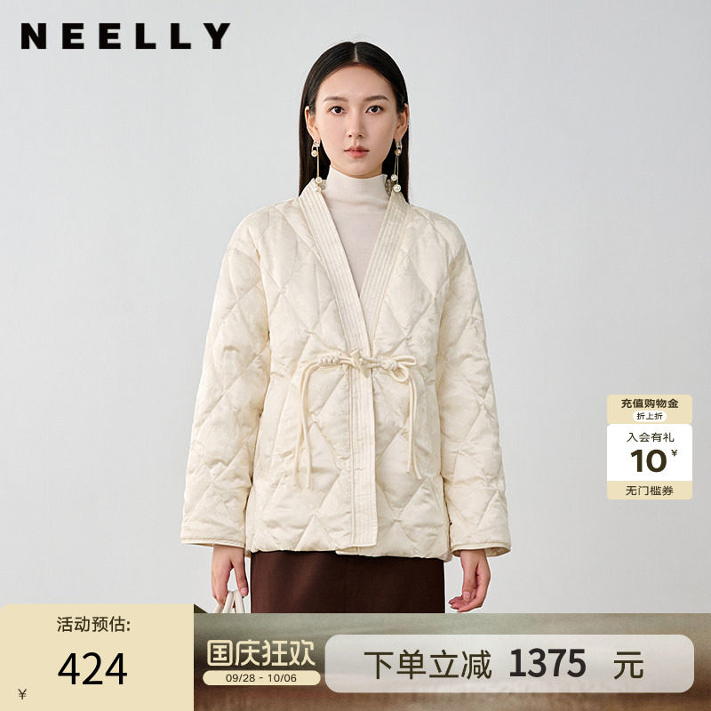 NEELLY纳俪商场同款冬季新款新中式盘扣V领爆款羽绒服女90%白鸭绒