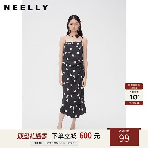 NEELLY纳俪商场同款秋复古波点捏褶吊带连衣裙女设计感开叉中长裙