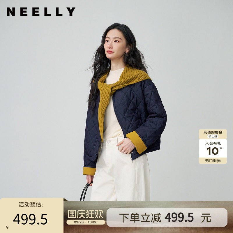 NEELLY纳俪商场同款冬季新款复古文艺菱格短外套女慵懒随性棉衣
