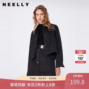 NEELLY纳俪春秋新款商场同款通勤黑色百搭翻领短款棉服外套女上衣