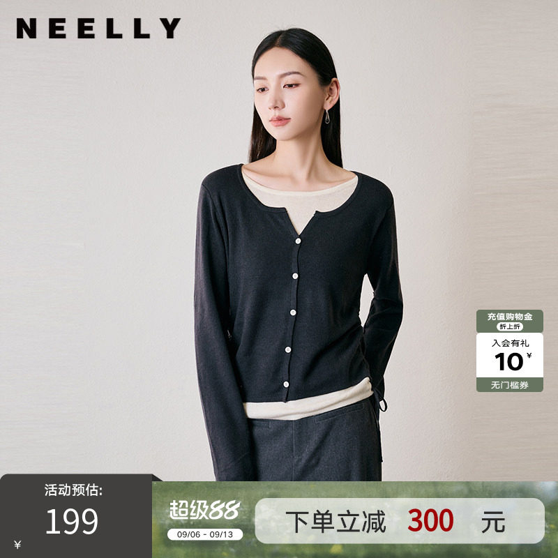 NEELLY纳俪商场同款冬季新款设计感假两件针织衫女修身打底毛衣