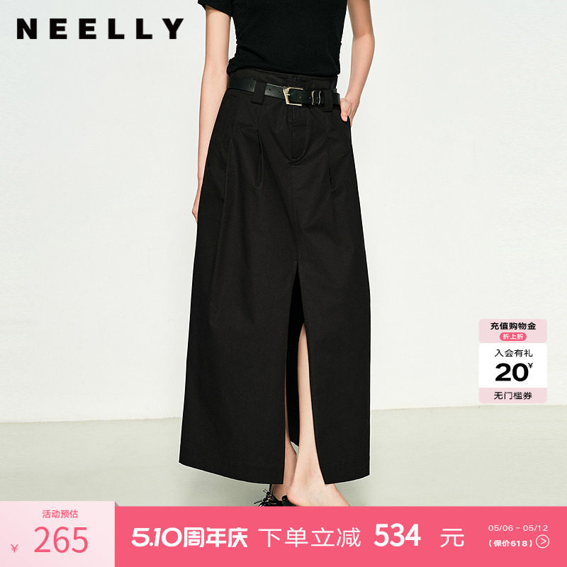 NEELLY纳俪商场同款春秋款设计感高腰黑色半身裙女开衩收腰A字裙