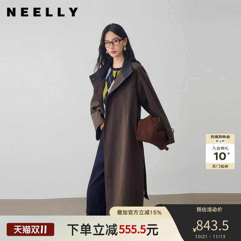 NEELLY纳俪商场同款秋季新款气质系带中长款风衣女立领松弛感外套