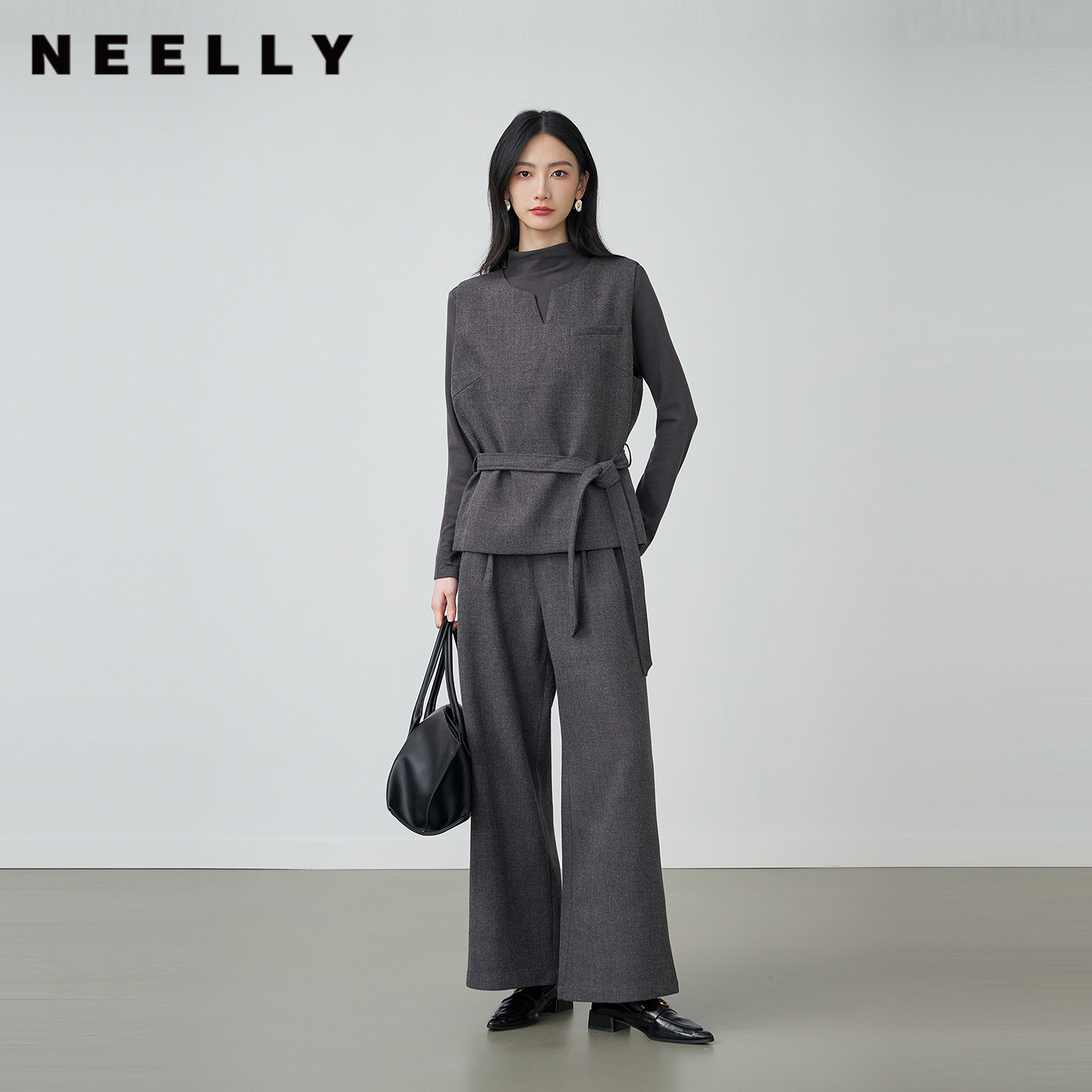 NEELLY纳俪商场同款冬季新款高级感灰色休闲套装女通勤叠穿三件套