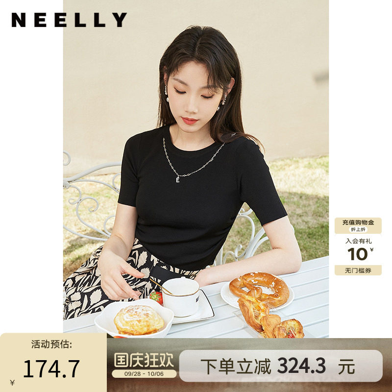 NEELLY纳俪商场同款夏季新款黑色针织衫女圆领百搭短袖修身套头衫