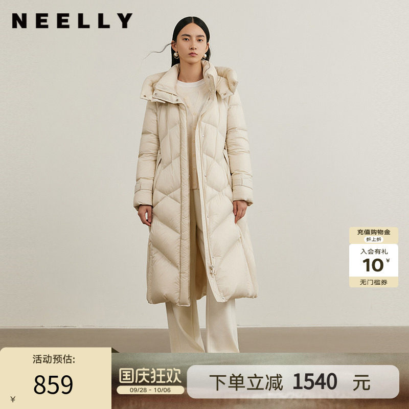 NEELLY纳俪商场同款冬季新款保暖收腰长款连帽外套女白鸭绒羽绒服