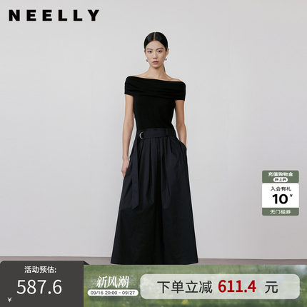 NEELLY纳俪商场同款春季新款一字肩针织拼接连衣裙女收腰优雅长裙