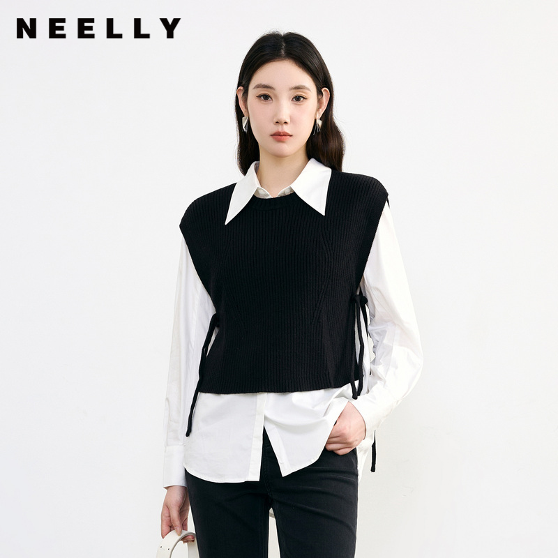 NEELLY纳俪针织背心衬衫两件套